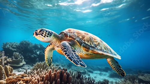Hawksbill Turtle - Eretmochelys imbricata drifts beneath water. coral reef © Shabnam