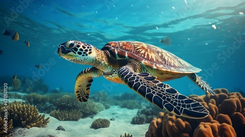 Hawksbill Turtle - Eretmochelys imbricata drifts beneath water. coral reef © Shabnam