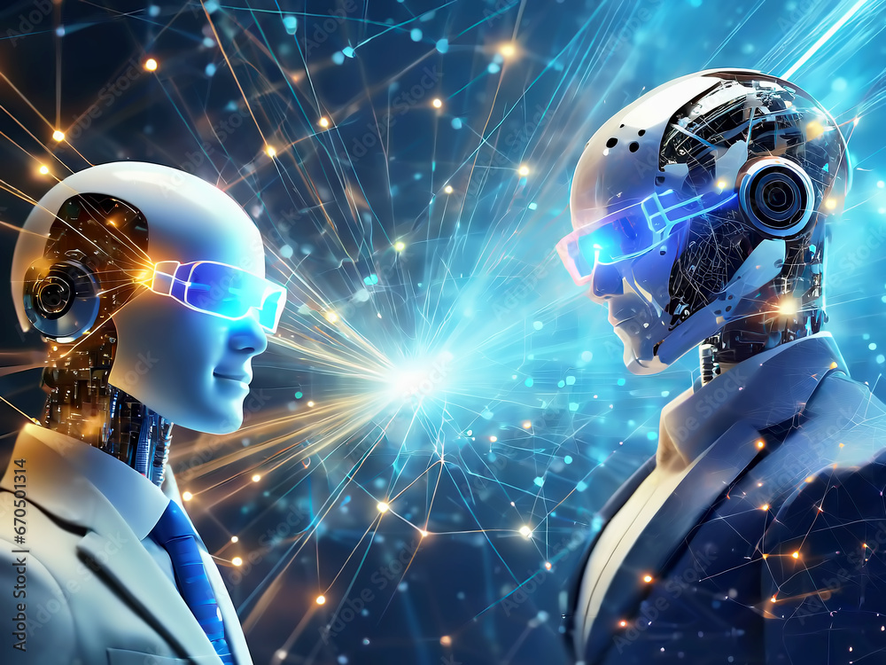 Obraz premium テクノロジーの概念で人工知能を搭載した人型ロボットと光の背景