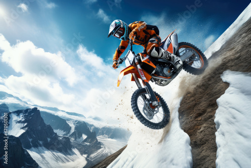 Motorcyclists jump on hill winter motocross, extreme sport