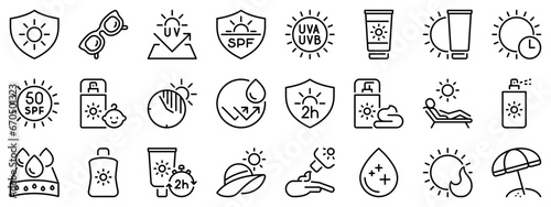 Icon set about sun protection. Line icons on transparent background with editable stroke.