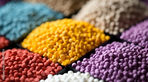 Multi-colored pellets for creature nourishing. Fertilizer in horticulture concept photo
