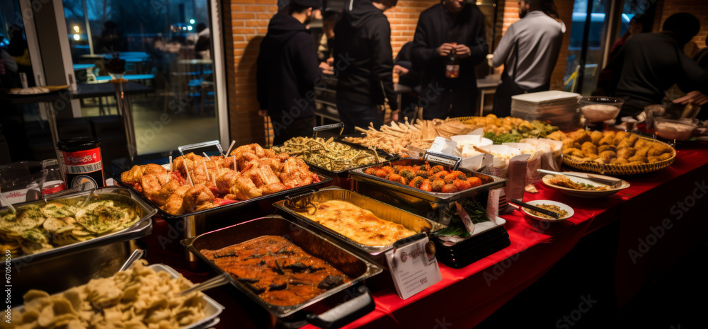 Student party big Buffet table setting with Food Meat. Cuisine Culinary Buffet Dinner Catering Dining Food Celebration Party Concept.