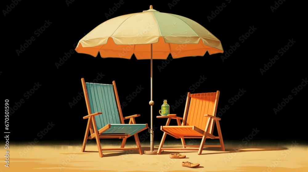 A tranquil scene of a child's chair next to an adult's, both under the comforting shade of a shared umbrella, evoking family memories.