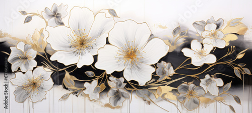 Abstract marbled ink liquid fluid watercolor painting texture banner illustration - White petals, blossom flower flowers swirls gold painted lines, isolated on white background #670501501