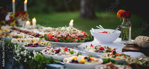Wedding party  large buffet with meat and vegetables in the open air. Kitchen Culinary Buffet Dinner Catering Food Party Celebration Concept.
