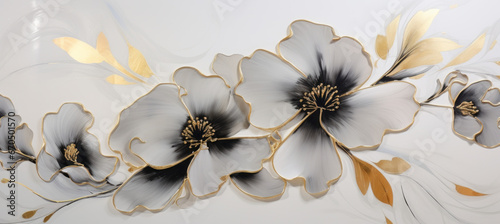 Fototapeta Naklejka Na Ścianę i Meble -  Abstract marbled ink liquid fluid watercolor painting texture banner illustration - White petals, blossom flower flowers swirls gold painted lines, isolated on white background