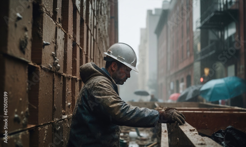 Construction worker is building a brick wall at construction site