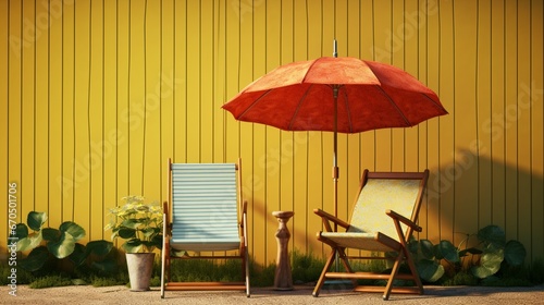 A tranquil scene of a child s chair next to an adult s  both under the comforting shade of a shared umbrella  evoking family memories.