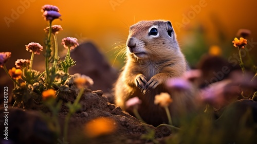 "Little and exquisite ground squirrel on a knoll among blossoms amid warm spring nightfall. Exceptionally shocked, with its mouth opened. Tranquil, unwinding, astounding and clever