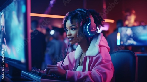  girl streamer playing online fighting with Esport skilled team wearing headphones in neon color lighting room. Talking to other players planning strategies to win over competitors.  © Ahtesham