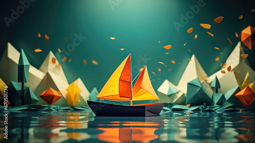 Paper Craft and Artistic Expression A Floating Origami Boat in a Dreamy Landscape