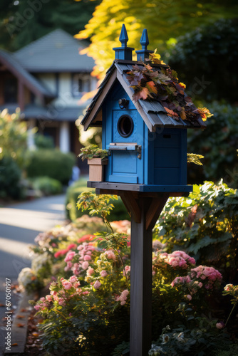 Front yard with a charming birdhouse on a post, Generative AI