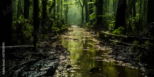 Swamp forest with a light mist. Quagmire in the spring green forest. Generative AI © AngrySun
