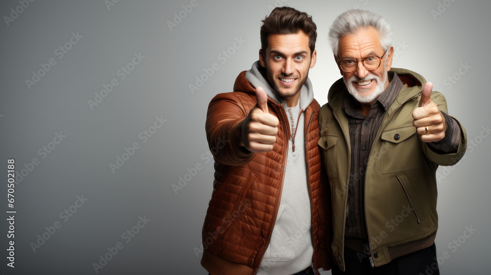 Fototapeta premium Portrait of a senior man and his adult son showing thumbs up isolated.