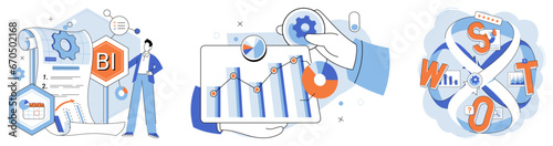 Business strategy. Vector illustration Modern businesses embrace technology for enhanced productivity Flat design elements create cleand contemporary visual aesthetic Group dynamics influence team