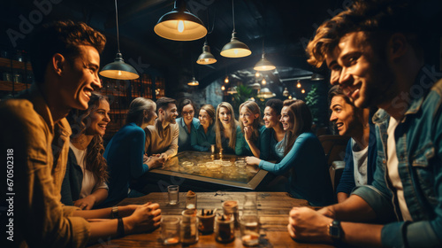 Group of young millenial people sitting in a pub. Millenials life style concept. photo