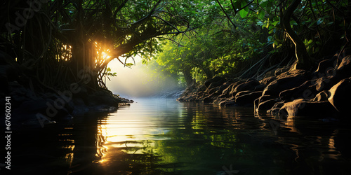 Mangrove forest and calm river in the morning. Minimalist landscape. Generative AI