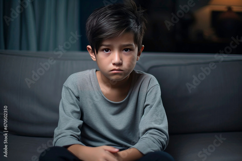 A sad young asian kid wearing grey T-shirt sitting in the room. Stress, grief, sadness concept. Family problems