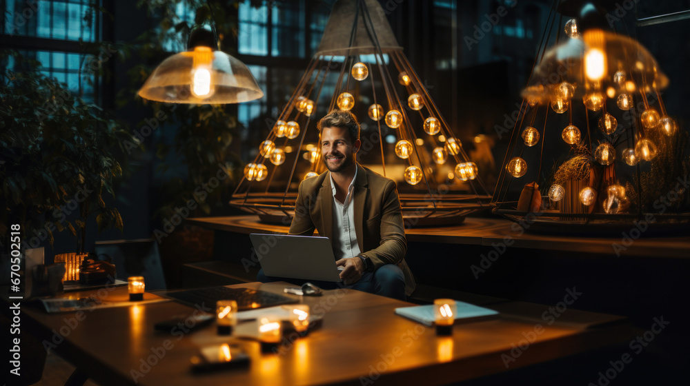 Businessman working on laptop at night in office full of lamps. Business concept. Good news.