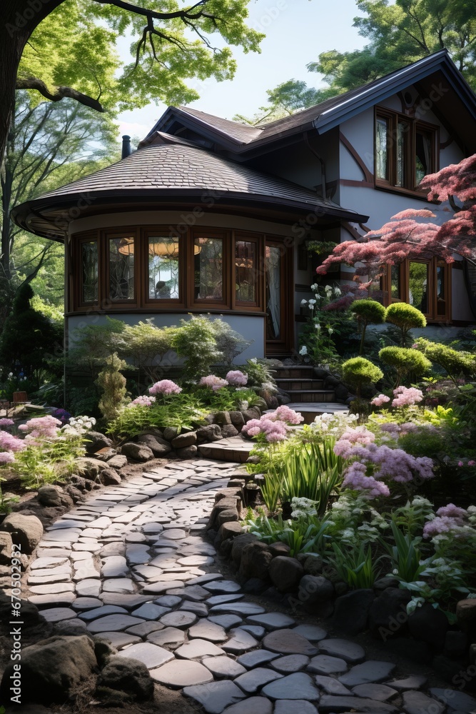 Fototapeta premium Welcoming front yard with a winding stone pathway, Generative AI