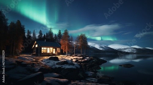 Northen lights move over a Norweigan log cabin photo