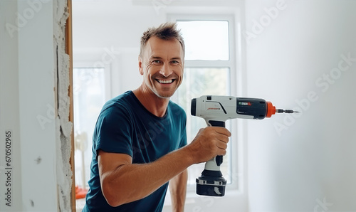Construction worker is drillig with a battery drilling machine