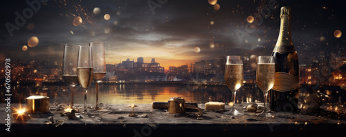 Happy New Year concept, glasses with sparkling champagne, amazing fireworks backgorund photo