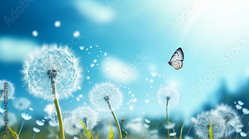 Normal pastel foundation. Morpho butterfly and dandelion. Seeds of a dandelion blossom on a foundation of blue sky with clouds. Duplicate spaces