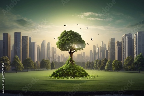 Sustainable environment concept. The image depicts human thinking towards preserving nature, reducing carbon footprint and building sustainable urban community for green future. Generative AI.