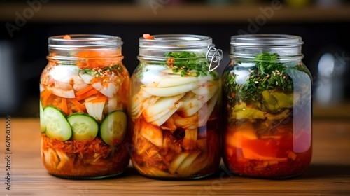 Kimchi cabbage, cucumber and radish in a jar, Korean food