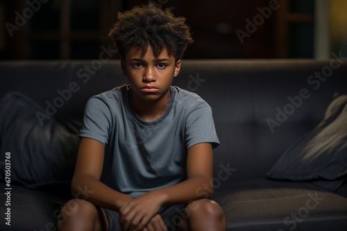 A sad young black African American kid wearing grey T-shirt sitting in the room. Stress, grief, sadness concept. Family problems