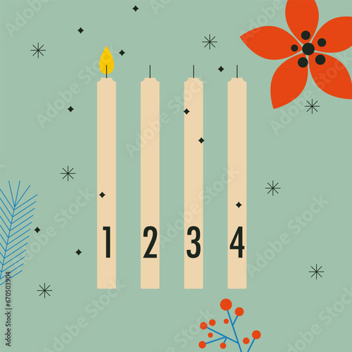 Advent concept. Four Advent candles with numbers, Xmas flowers. First advent with one burning candle. Winter season vector illustration. Flat trendy abstract style, isolated on blue pastel background.