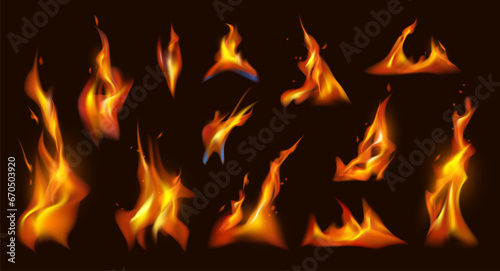 Fire burning, isolated flames effect with tongues and sparks. Vector realistic ignition and flaming effect, blowing wind on fiery lightning or hot light in motion, bonfire or blaze