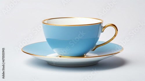 A vibrant blue porcelain tea cup with delicate golden edges  perfectly positioned on a white surface  capturing its elegance and charm.