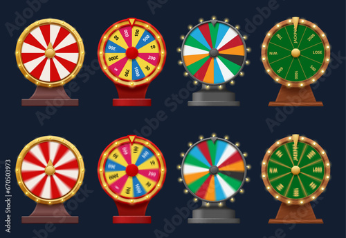 Gambling or fortune wheel with slots, colors and money prize sum. Vector realistic roulettes in motion with blurry effect. Casino games and entertainment, lottery or awards winning