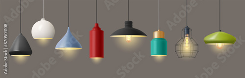 Lamp for home decoration, isolated pendant light for interior design. Vector realistic shade and bulbs, loft and classic style, modern and contemporary models of illumination for houses photo