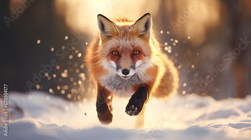 Ruddy Fox bouncing, Vulpes vulpes, natural life scene. Orange hide coat creature chasing within the nature living space. Fox hop on the green timberland knoll with to begin with snow.