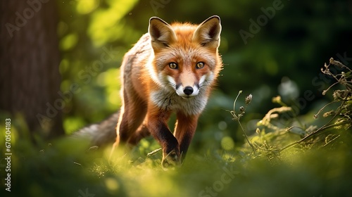 Ruddy Fox bounce chasing, Vulpes vulpes, natural life scene. Orange hide coat creature within the nature living space. Fox on the green timberland glade. Amusing picture from nature