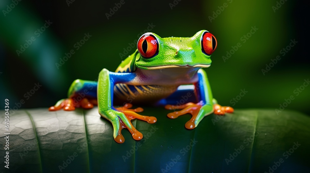Red-eyed Tree Frog, Agalychnis callidryas, sitting on the green take off in tropical woodland