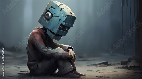 An emotional depiction of a sad and lonely robot with a moody face, conveying feelings of pain and loneliness photo