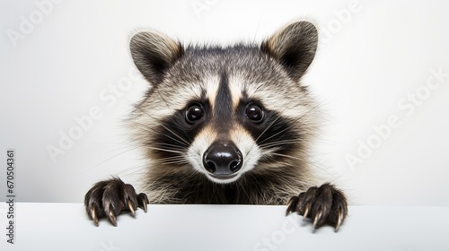 Representation of a charming clever raccoon, closeup, confined on white foundation photo