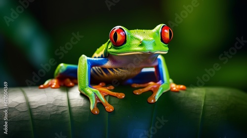 Red-eyed Tree Frog, Agalychnis callidryas, sitting on the green take off in tropical woodland