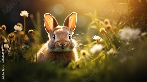 Rabbits. Excellence Craftsmanship Plan of Charming Small Easter Bunny within the Glade. Spring Blossoms and Green Grass. Sunbeams