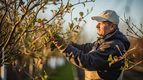 Orchard worker, artistry, prune, branches, precision, health, growth, dance, expertise. Generated by AI.