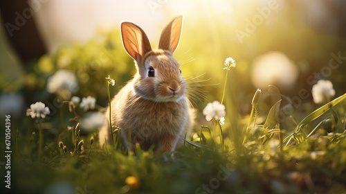 Rabbits. Excellence Craftsmanship Plan of Charming Small Easter Bunny within the Glade. Spring Blossoms and Green Grass. Sunbeams