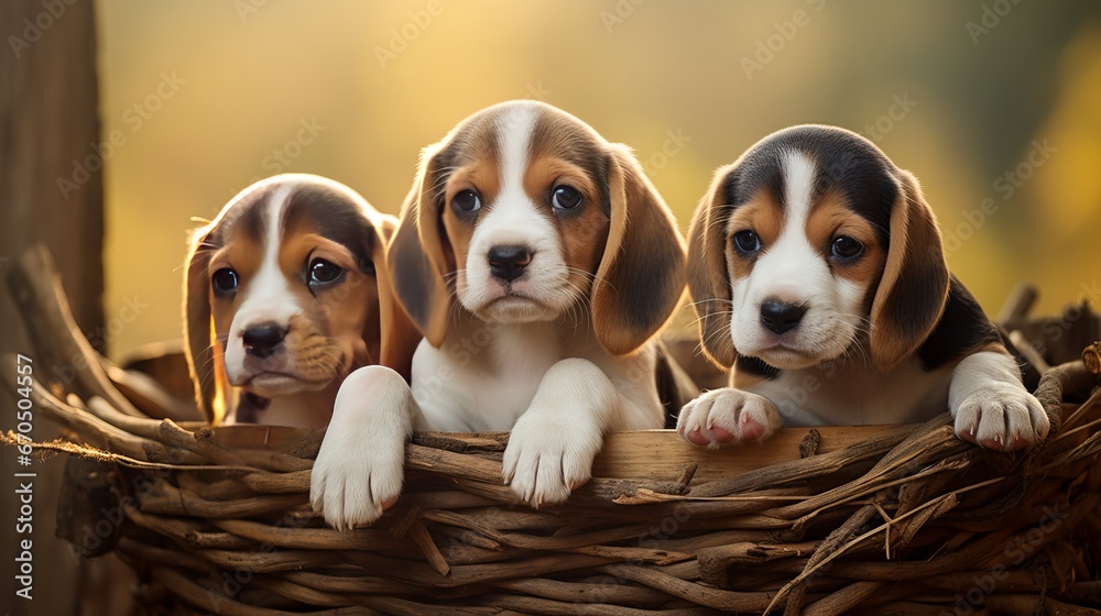 Three charming beagle puppies lying in a wicker bushel on a dim wooden foundation with weaving balls