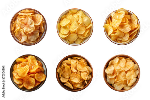 Collection of top-view crispy potato chips in a bowl isolated on a transparent background photo