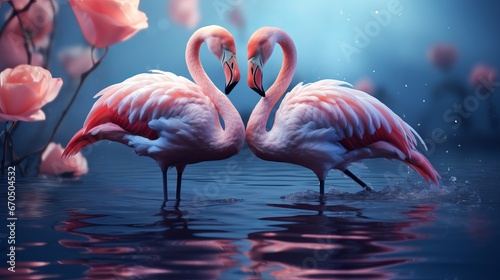 Two flamingos couple standing in lake  daydream mysterious charmed pixie story scene with match of exquisite winged creatures  tall tale blossoming pink rose bloom cultivate on secretive
