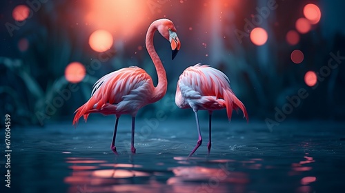 Two flamingos couple standing in lake, daydream mysterious charmed pixie story scene with match of exquisite winged creatures, tall tale blossoming pink rose bloom cultivate on secretive